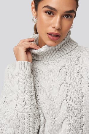 Grey High Neck Cable Knitted Ribbed Sleeve Sweater