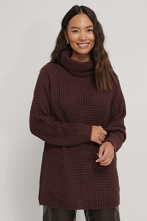 Burgundy High Neck Pineapple Knitted Sweater