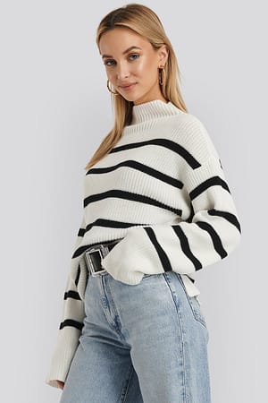 White/Black High Neck Striped Knitted Sweater