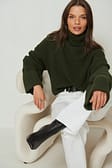 Khaki Pull en maille à manches larges et col montant