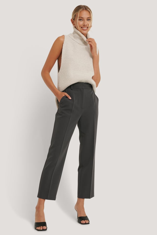 Dark Grey Pantalon De Costume Court Taille Haute