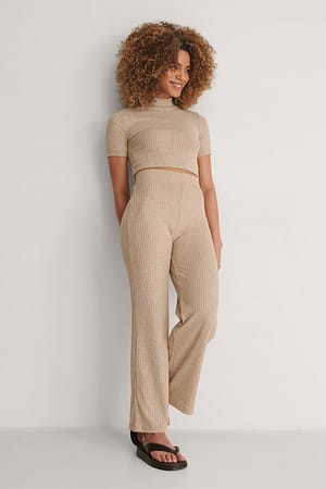 Beige Melange Pantalon droit côtelé à taille haute recyclés