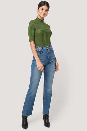 Mid Blue High Waist Raw Hem Straight Jeans