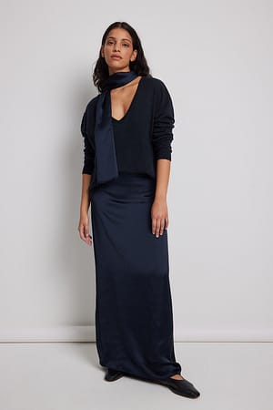Dark Blue Jupe longue satinée à taille haute