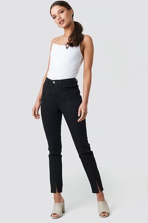 Black NA-KD Highwaist Skinny Front Slit Jeans