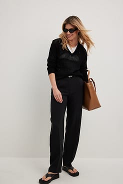 Hole Knitted Deep V-Neck Sweater Outfit