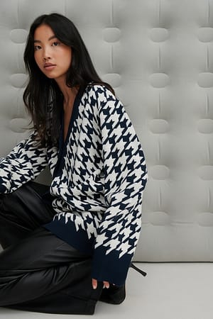 Navy Comb Cardigan long pied-de-poule
