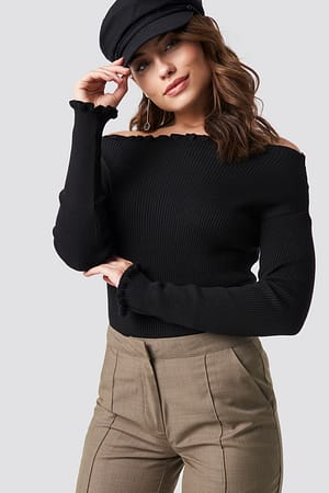 Black NA-KD Knitted Frill Off Shoulder Sweater