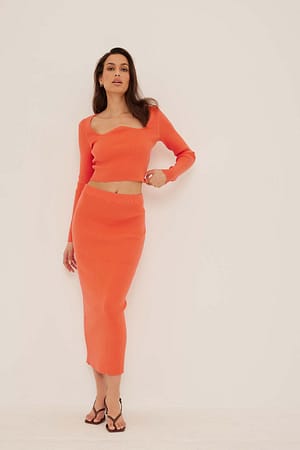 Orange Jupe droite en tricot à taille haute