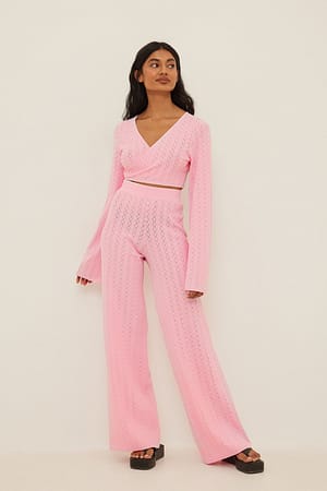 Light Pink Pantalon jambe large en tricot à laçage