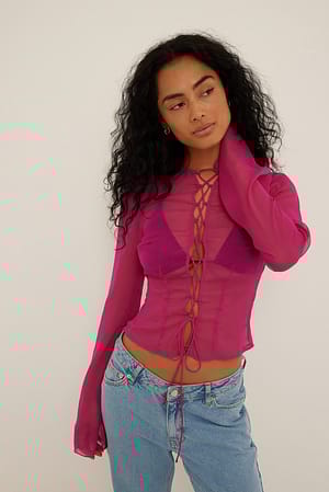 Light sangria Lace Up Front Chiffon Blouse
