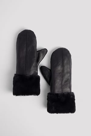 Black Moufles en cuir et fausse fourrure