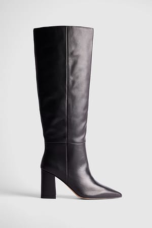 Black Bottes pointues en cuir à talon carré