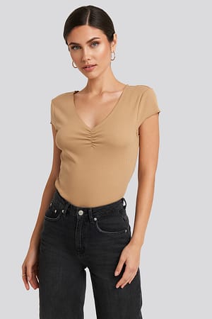Tan NA-KD Lettuce Hem Ribbed T-shirt