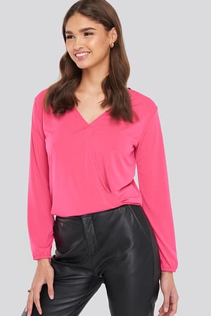 Pink Long Sleeve Overlap Blouse