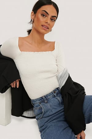 White NA-KD Long Sleeve Smocked Top