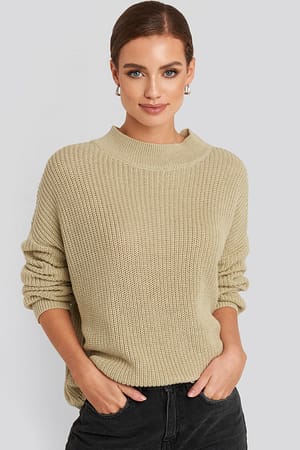 Beige NA-KD Loose Fit Ribbed High Neck Sweater