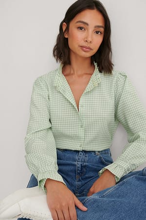 Dusty Mint Check Handpicked x NA-KD Chemise À Col Ornementé