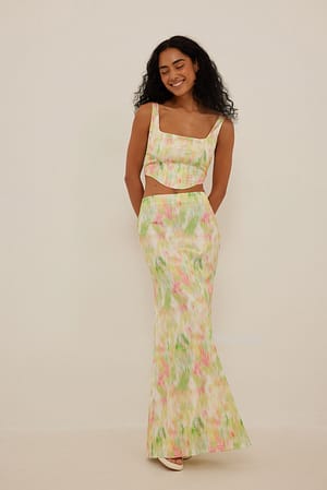 Soft Floral Pattern Matte Satin Maxi Skirt