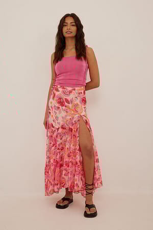 Big Flower Print Maxi Frilled Chiffon Skirt