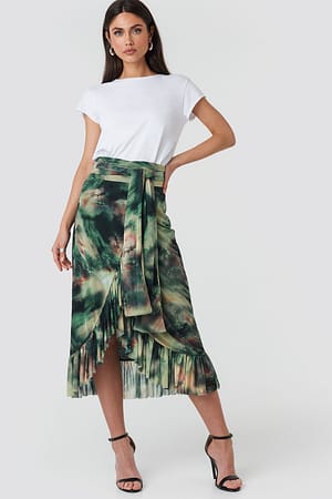 Aquarelle Green Print Mesh Tied Waist Ankle Skirt