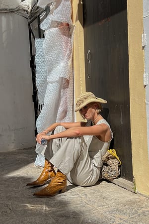 Grey Pantalon de costume droit à taille mi-haute en lin mélangé