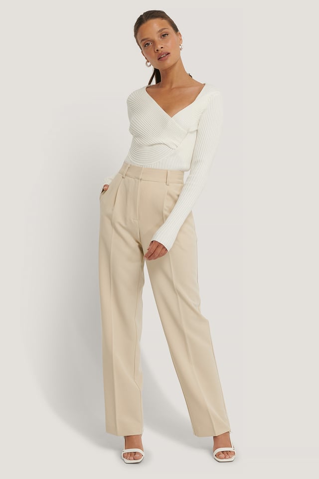Beige Pantalon De Costume Taille Mi-Haute