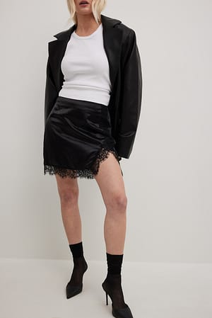 Black Mini Slit Lace Detail Skirt