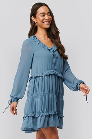 Dusty Blue NA-KD Boho Multi Frill Flowy Mini Dress
