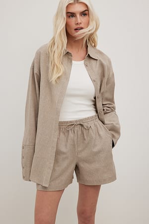 Beige Stripe Chemise oversize en lin mélangé à rayures