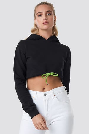 Black Neon Drawstring Cropped Hoodie