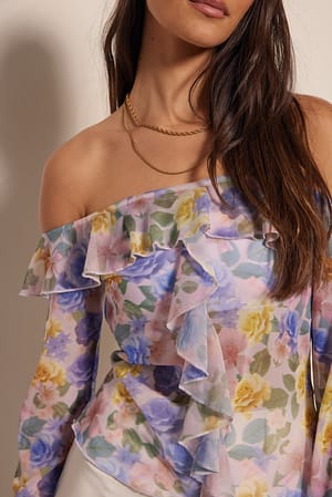 Flower Print Haut volanté à épaules dénudées en tulle