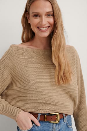 Beige Off Shoulder Knitted Sweater