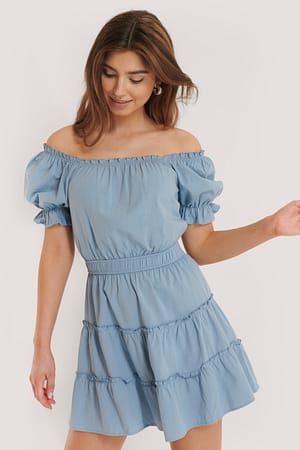 Blue NA-KD Boho Mini Robe Épaules Dénudées