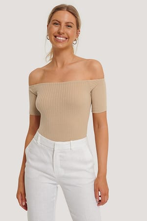 Light Beige Off Shoulder Ribbed Top