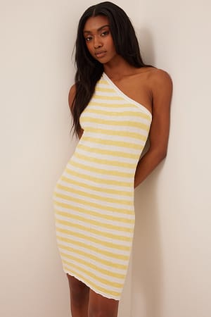 White/Yellow One Shoulder Fine Knitted Striped Mini Dress