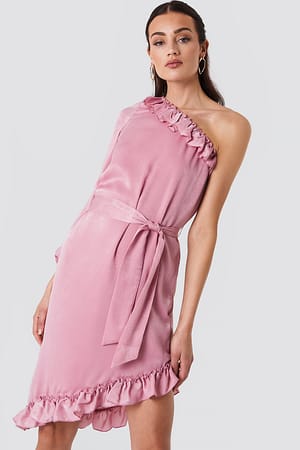 Dusty Pink One Sleeve Asymmetric Frill Dress