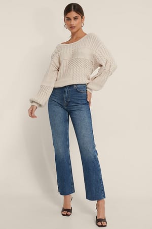 Mid Blue NA-KD Trend Jean droit taille haute à ourlet brut
