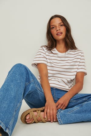 White/Beige Tee-shirt bio rayé coupe carrée