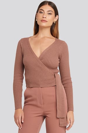 Dusty Dark Pink Overlap Ribbed Knitted Sweater