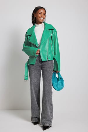 Green Veste de motard courte en faux cuir oversize