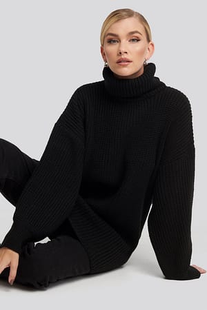 Black Oversized High Neck Long Knitted sweater