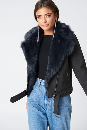 Black/DK Navy PU Jacket With Faux Fur