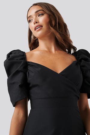 Black Puff Shoulder A-Line Dress