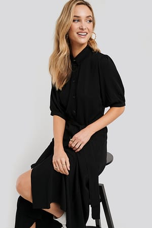 Black Puff Sleeve Belted Midi Dress