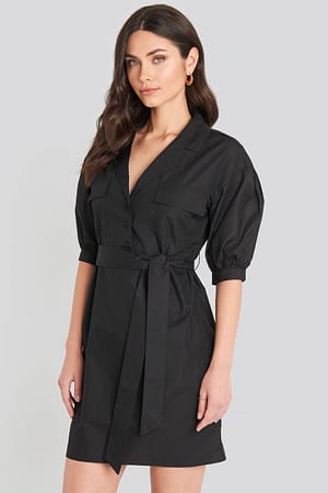 Black Puff Sleeve Chest Pocket Mini Dress