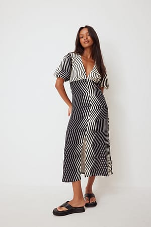 Black/Cream Robe midi avec manches bouffantes