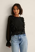 Black Blouse à volants multiples recyclée Dobby