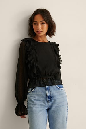 Black Blouse à volants multiples recyclée Dobby
