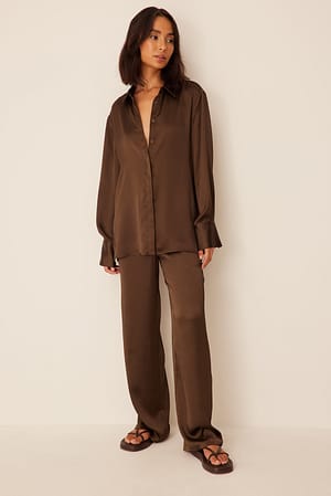Brown Pantalon décontracté en tissu satiné